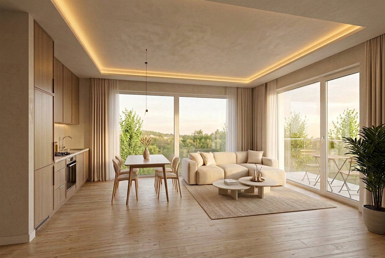 Widok z salonu, po prawej wyjście na balkon